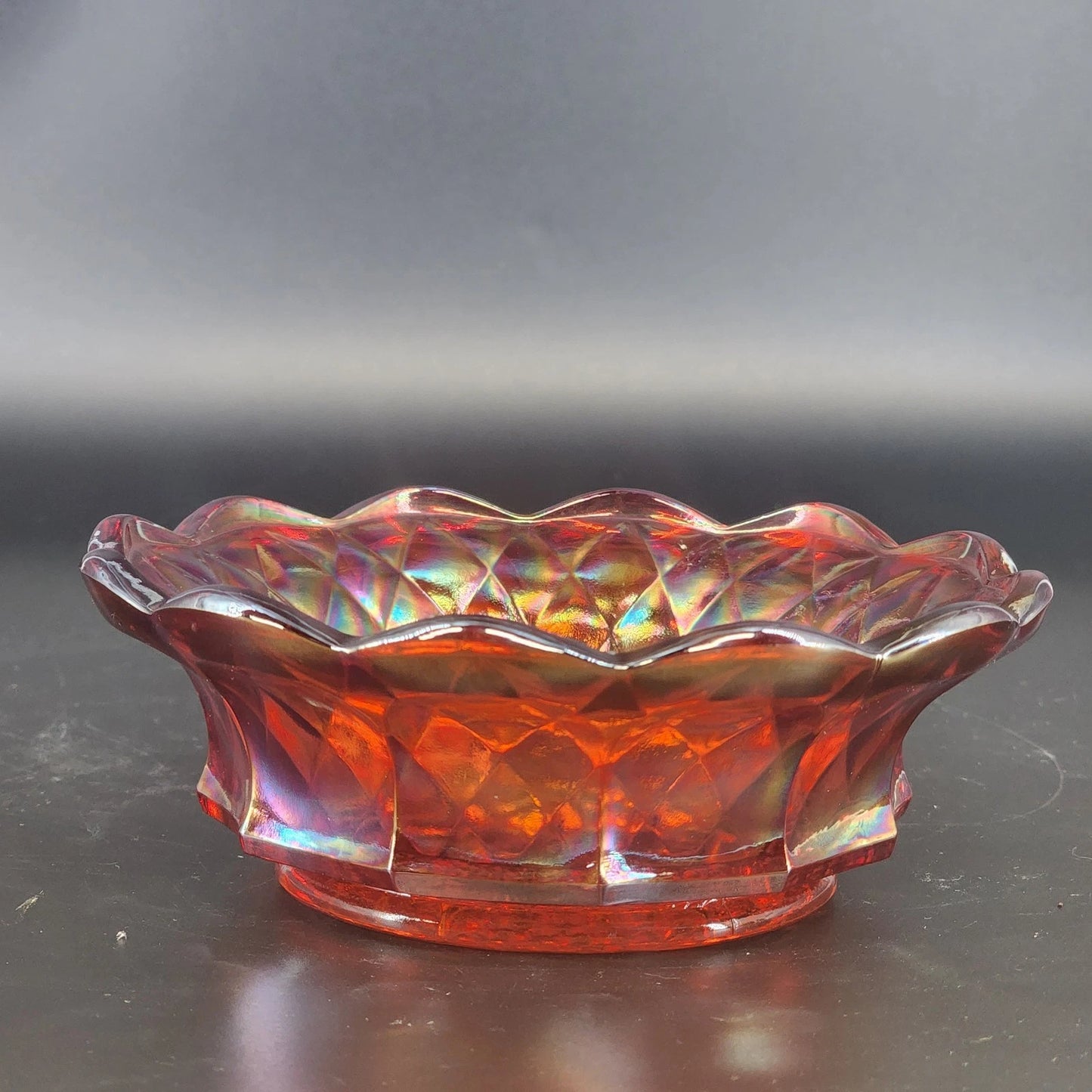 Fenton Marigold Carnival Glass Bowl Grape Cable Iridescent Scalloped Edge 6" Vtg