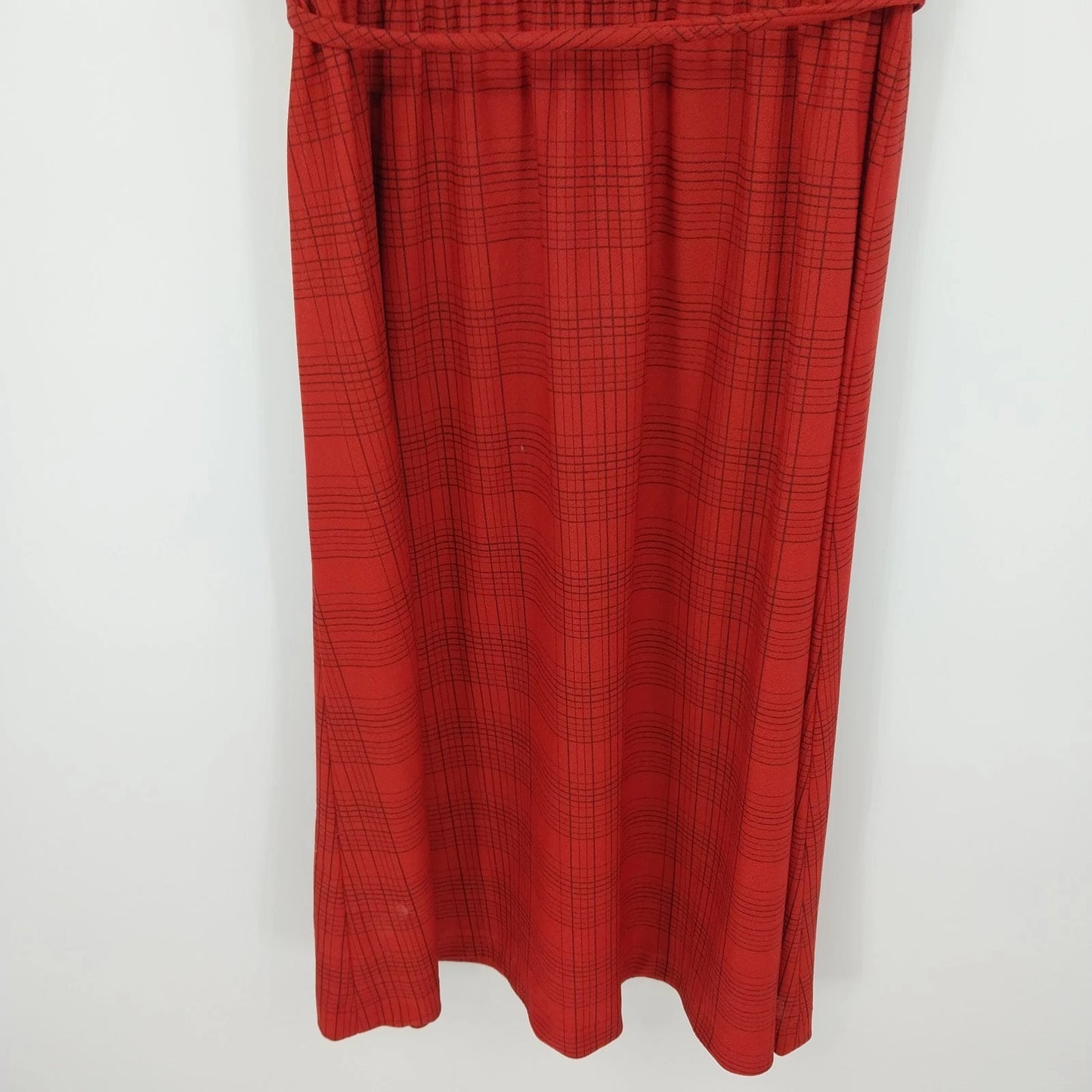 Strait Lane Red Plaid Dress Self-Tie Waist Women's 14 Short Sleeve Polyester 41"