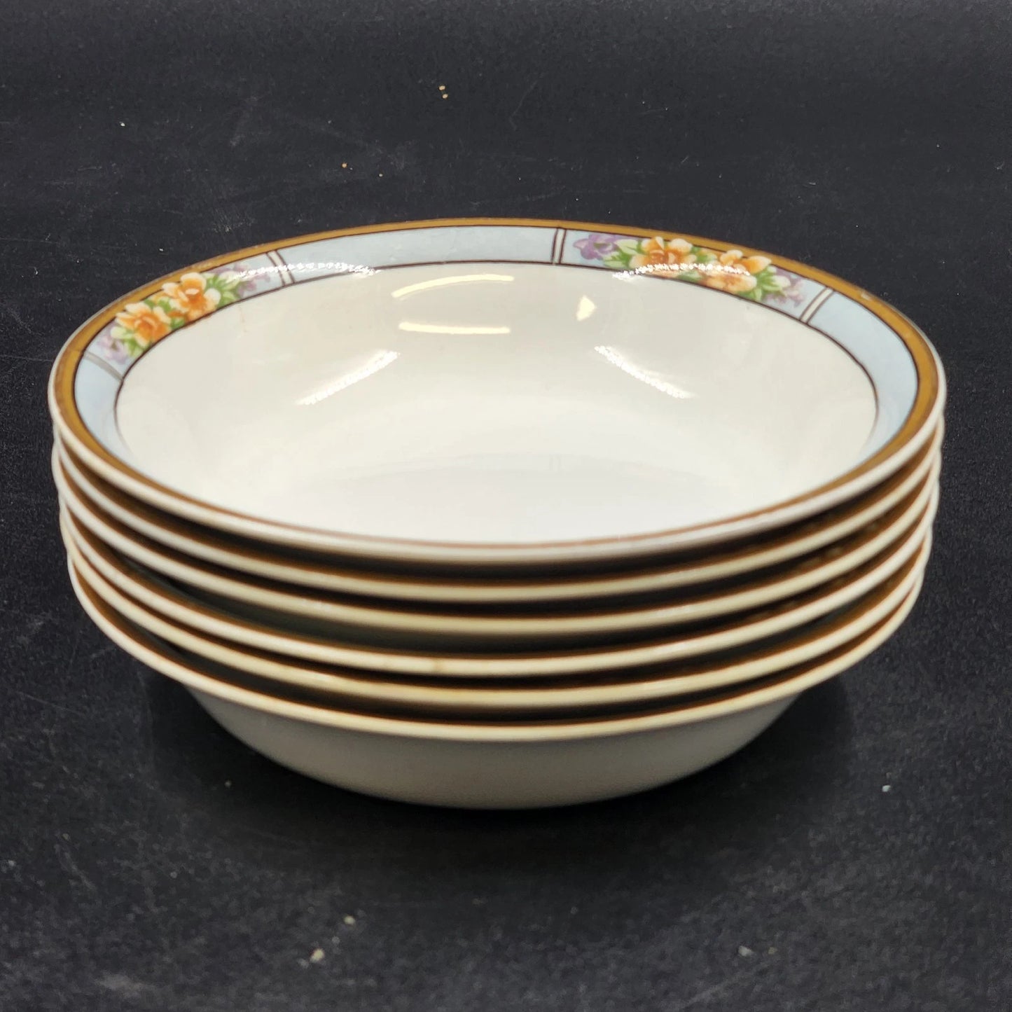 6 Nebraska Blue Fruit Berry Bowls England Blue Rim Flower Accent J&G Meakin