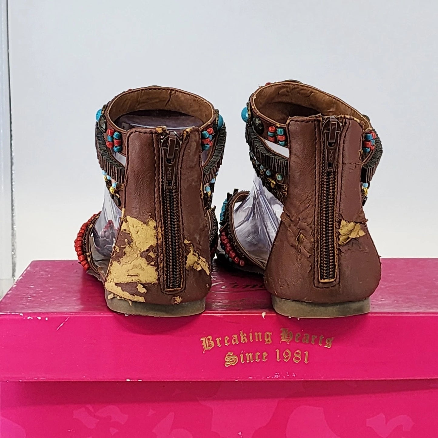 Candies Beaded Sequin Gladiator Sandals Womens 7.5 Brown Zip Boho AS IS