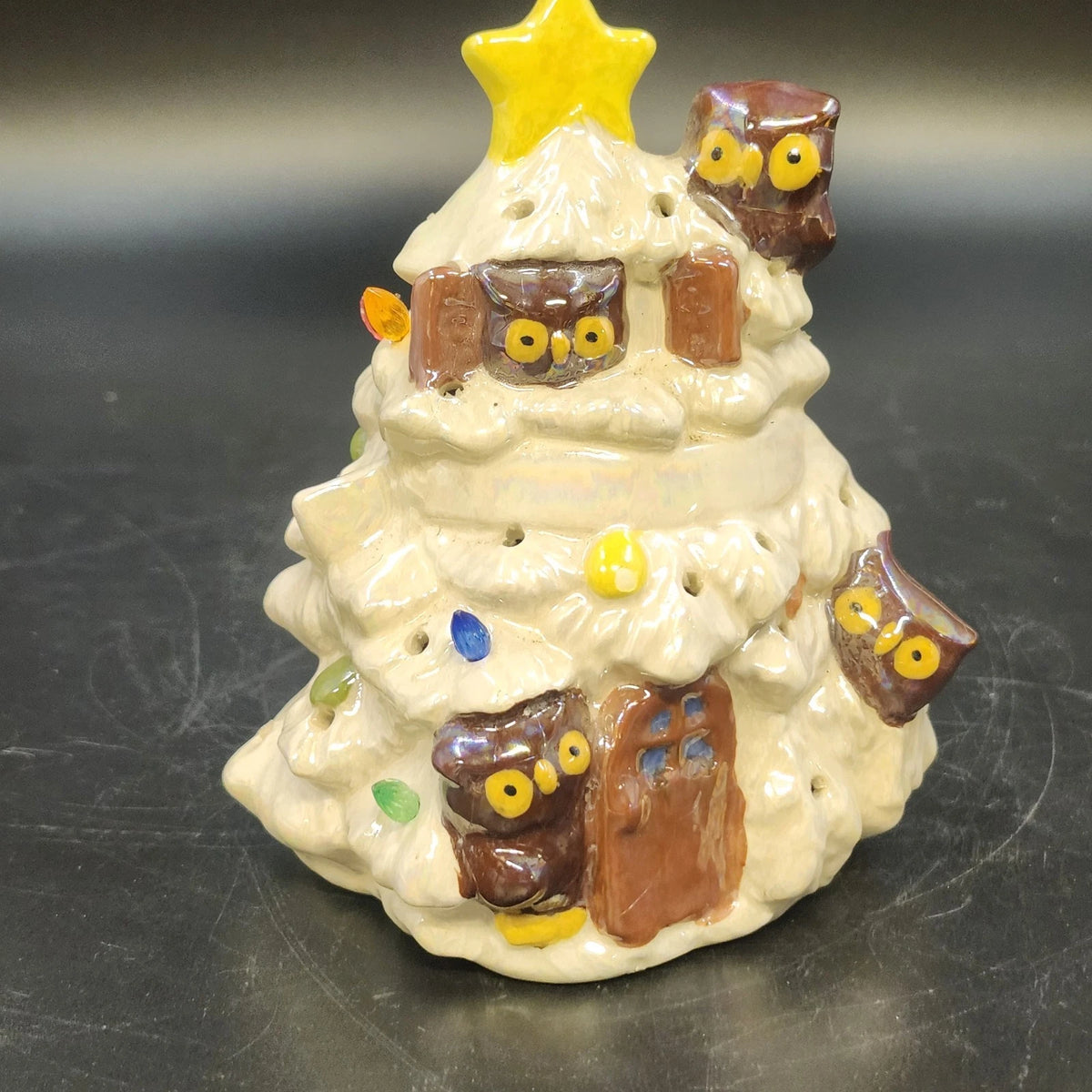 5-inch ceramic Christmas tree owl figurine with iridescent glaze