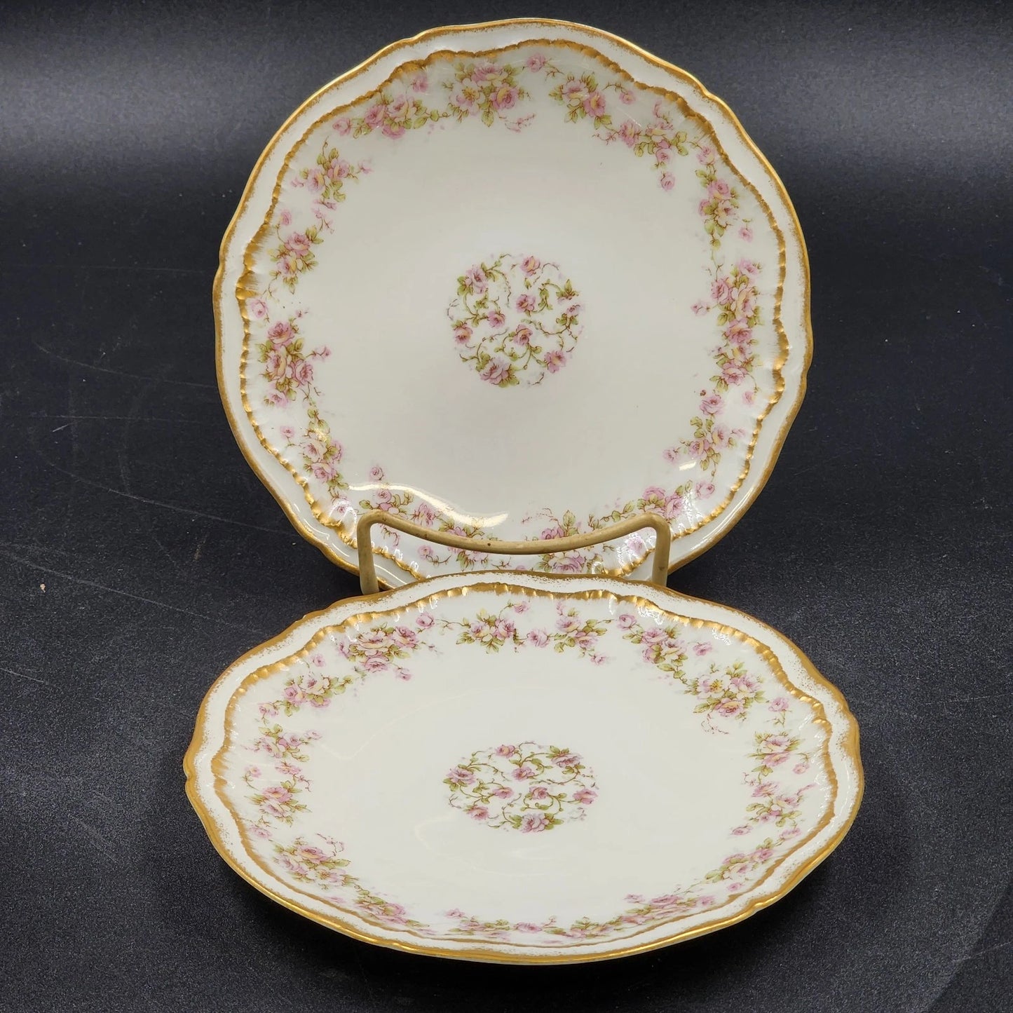 2 Limoges Coupe Salad Plates 7" Schleiger 844 Pink Rose Theodore Haviland France