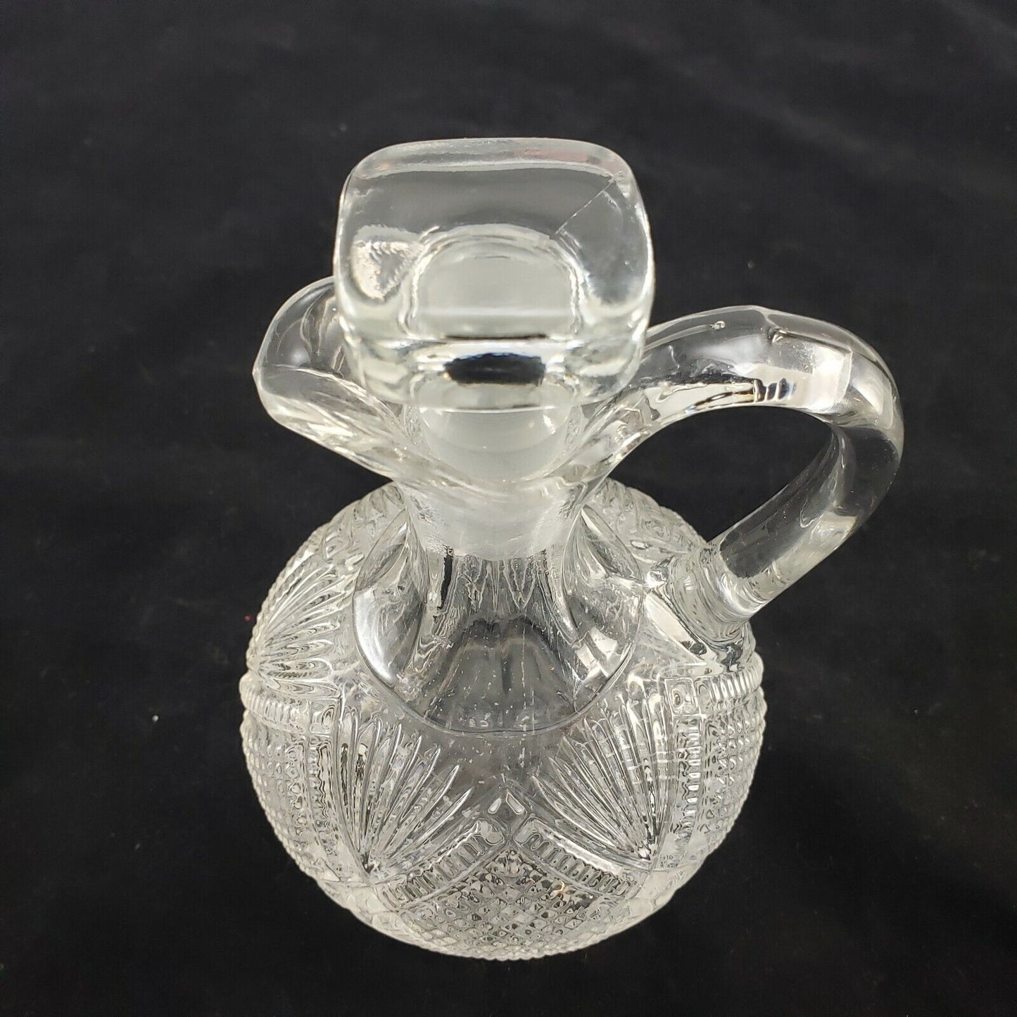 Pressed Glass Round Cruet Square Stopper Loop Handle Short Spout Vintage 5¼" H