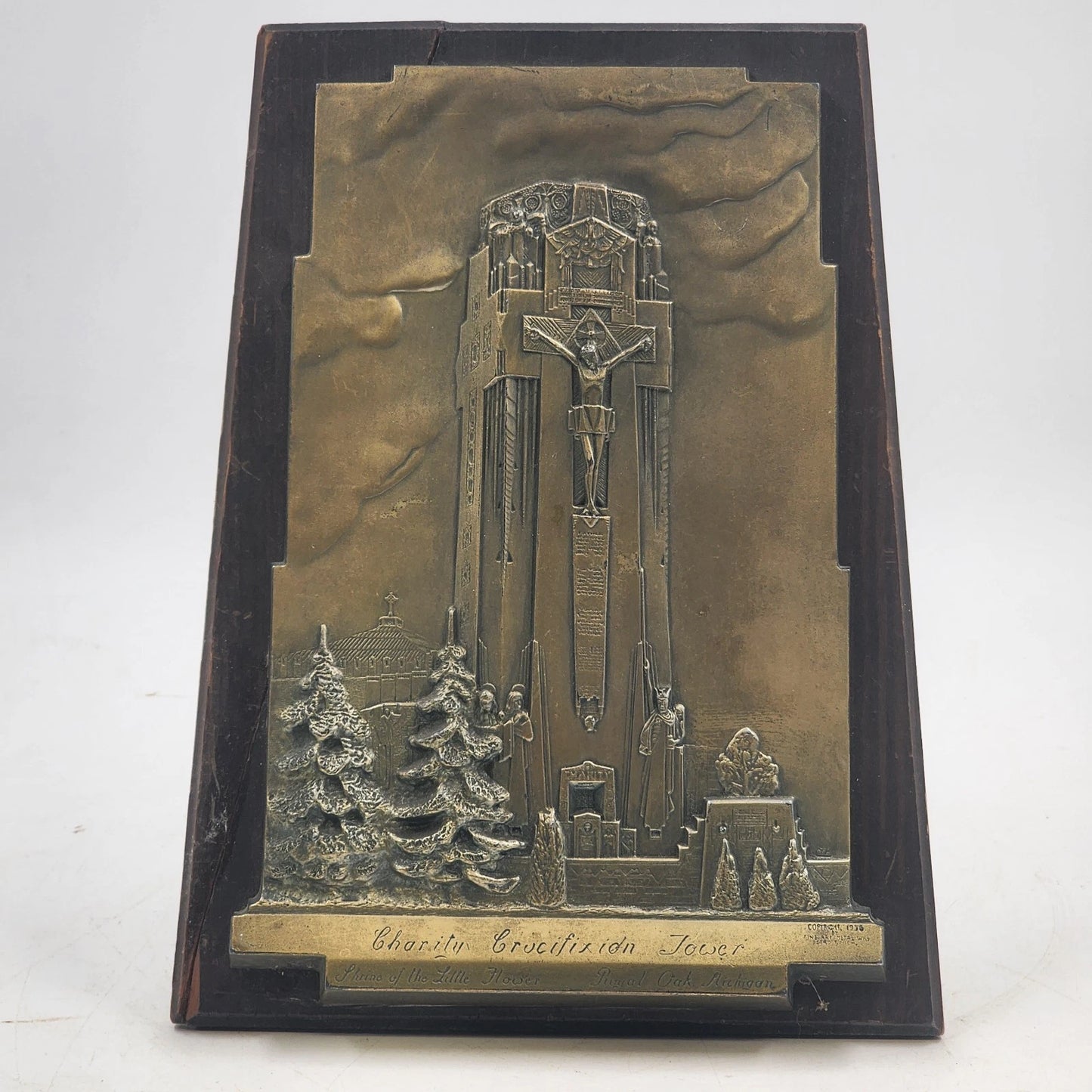 Bronze Plaque Charity Crucifixion Tower on Wood 1956 Shrine of the Little Flower