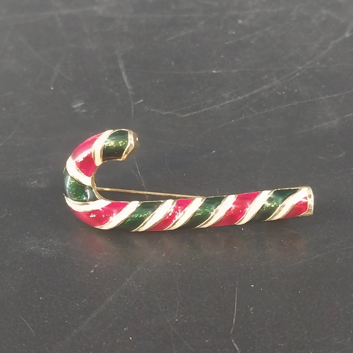 Candy Cane Christmas Brooch Pin Gold Tone Red Green Enamel 2" Holiday Vintage