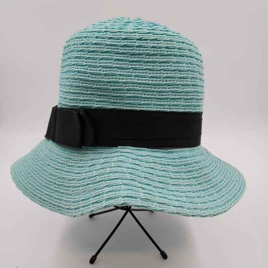 Rike's Light Blue Teal Woven Paper Straw Summer Hat with Black Ribbon Bow Accent