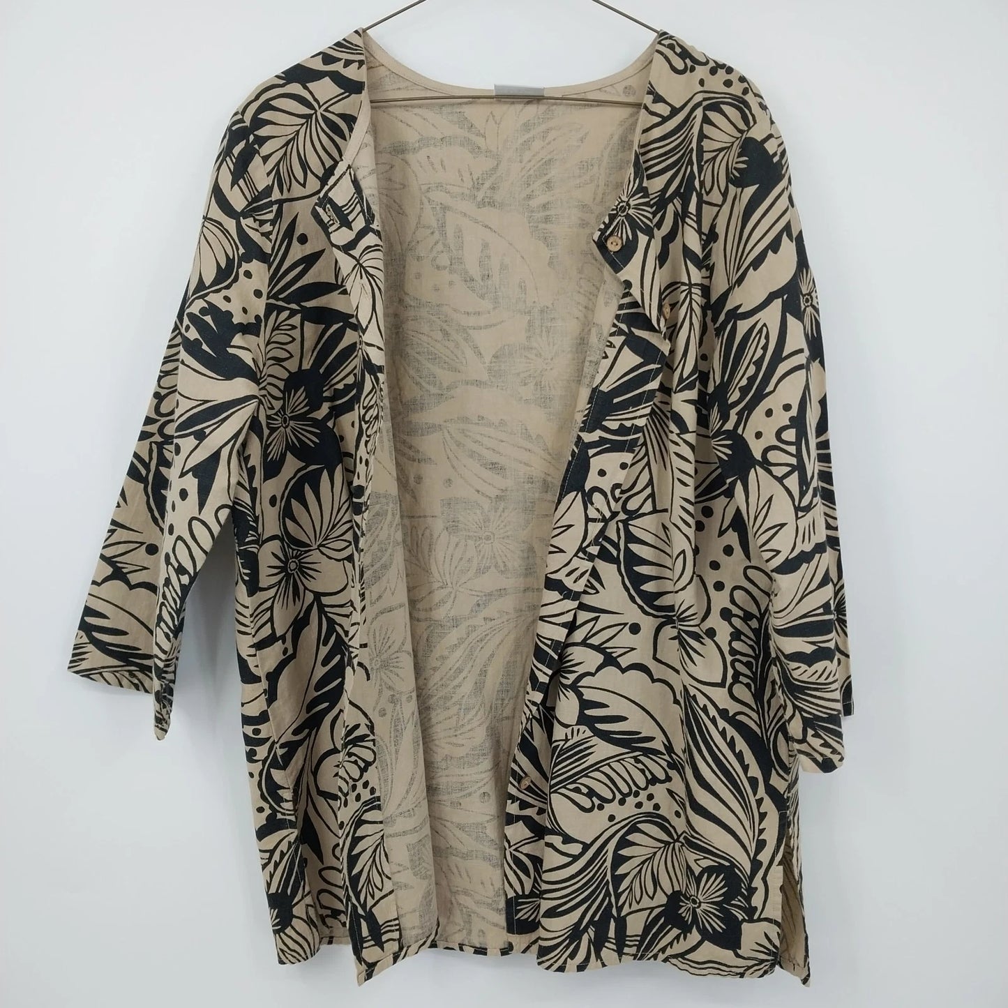 Hot Cotton Women's M Jacket Open Front & Blouse Beige Black 2 Piece Set Floral