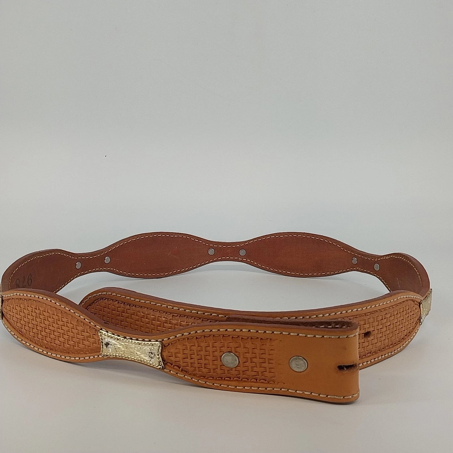 Brown Leather Basketweave Ranger Belt No Buckle 1.5" Marked 38 Vintage JJ Stamp