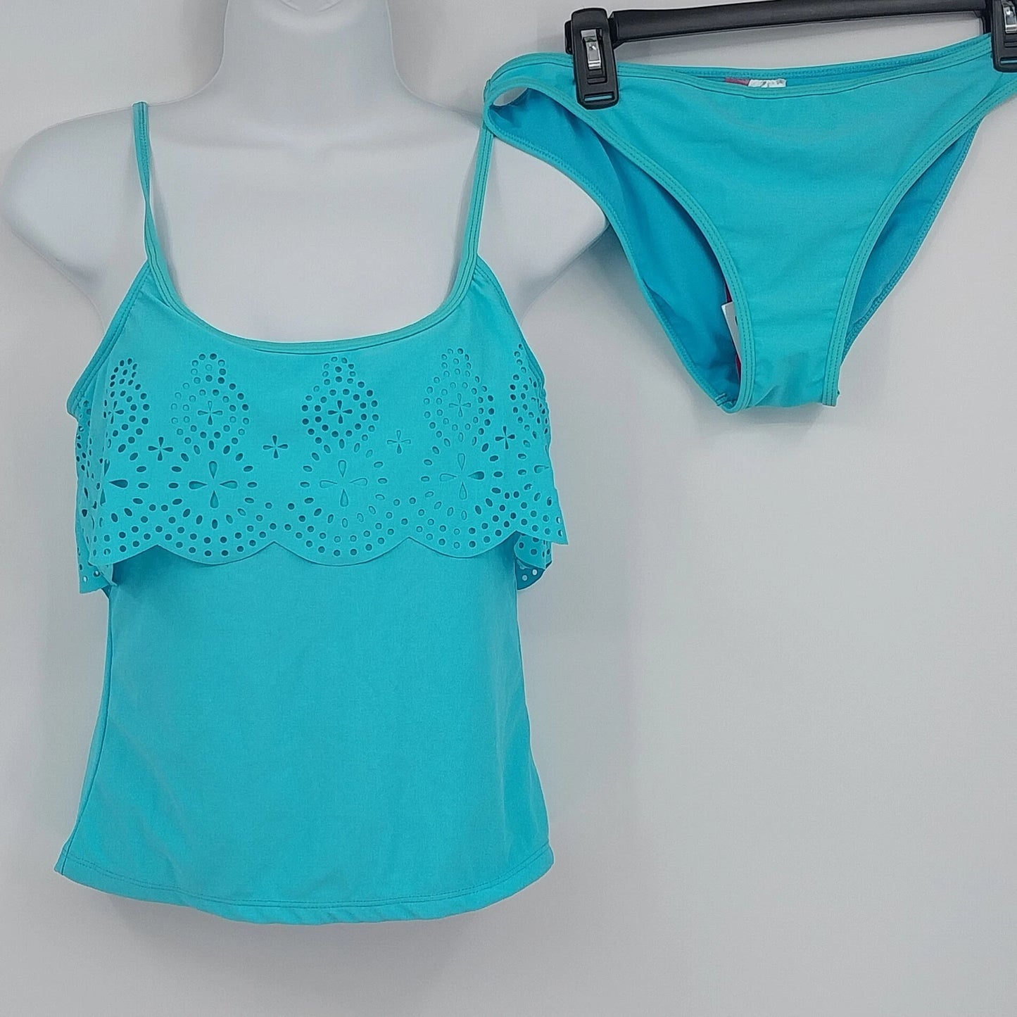 Capri Womens Tankini 2 Piece Swimsuit XL Turquoise Eyelet Lace Front Nylon Blend