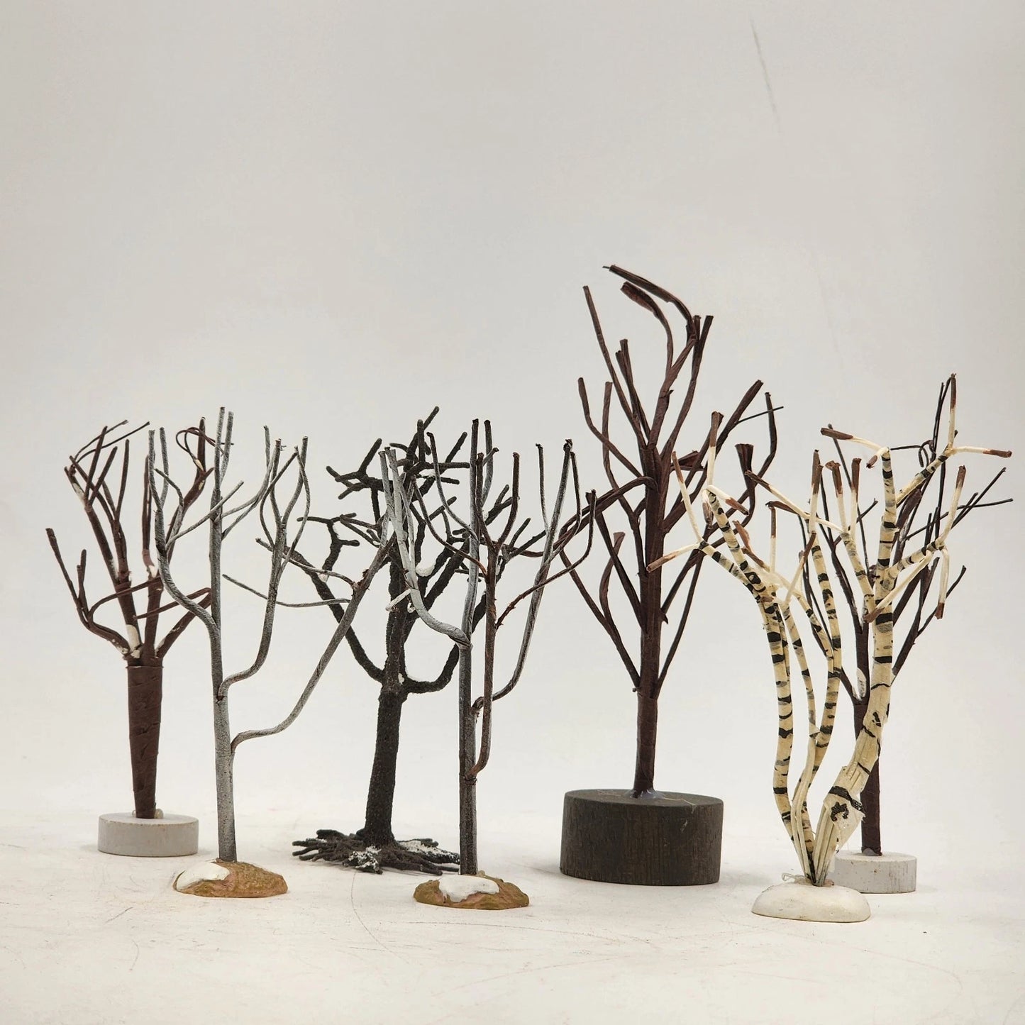 7 pc Christmas Village Trees Lot White Frosted & Bare Branch 5" Lemax Dept 56