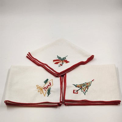 Set of 6 White Christmas Napkins 16" Red Hem Embroidered Holiday Designs