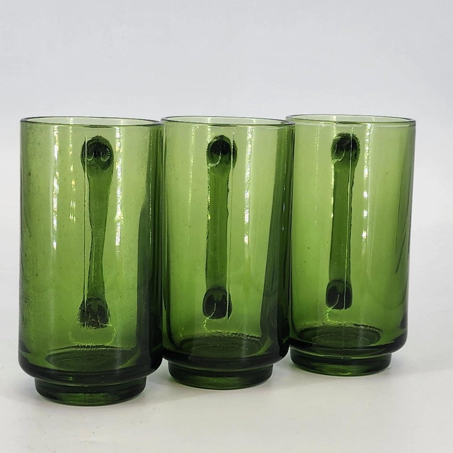 Finlandia Avocado Green Glass Mugs Set of 3 Anchor Hocking D Handles 12 oz 5.5"h