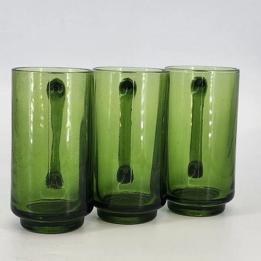 Finlandia Avocado Green Glass Mugs Set of 3 Anchor Hocking D Handles 12 oz 5.5"h