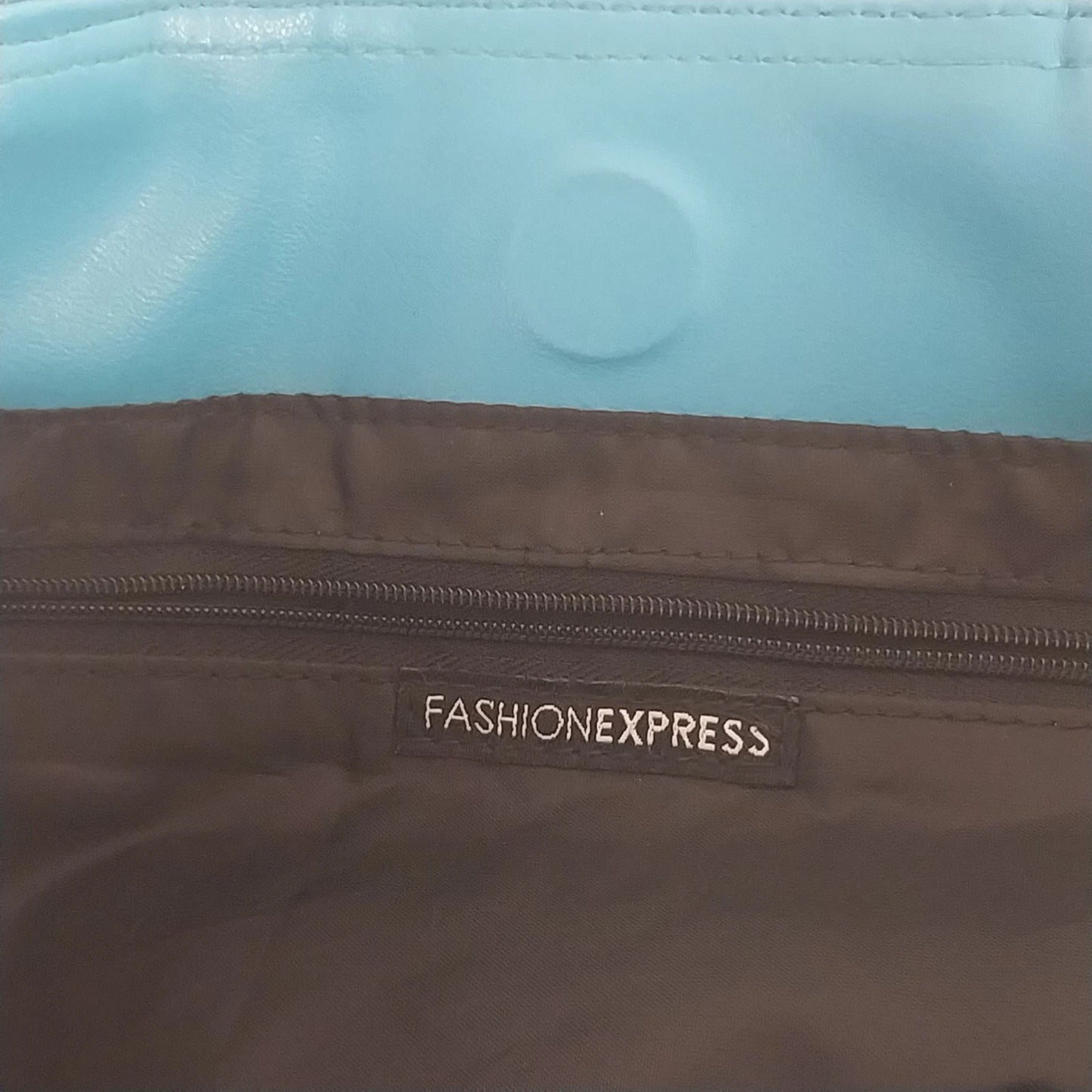 Fashion Express Black Faux Leather Tote Bag Blue Strap Zip Top
