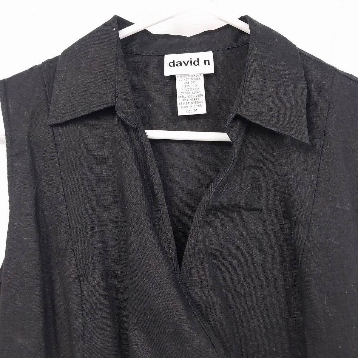 David N Women's Black 100% Linen Sleeveless Wrap Blouse Collared V-Neck Top M