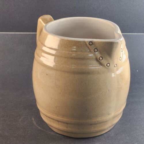 Beige Ceramic Pitcher Stoneware Jug Vintage Barrell Shape Unbranded 5"W x 7"T