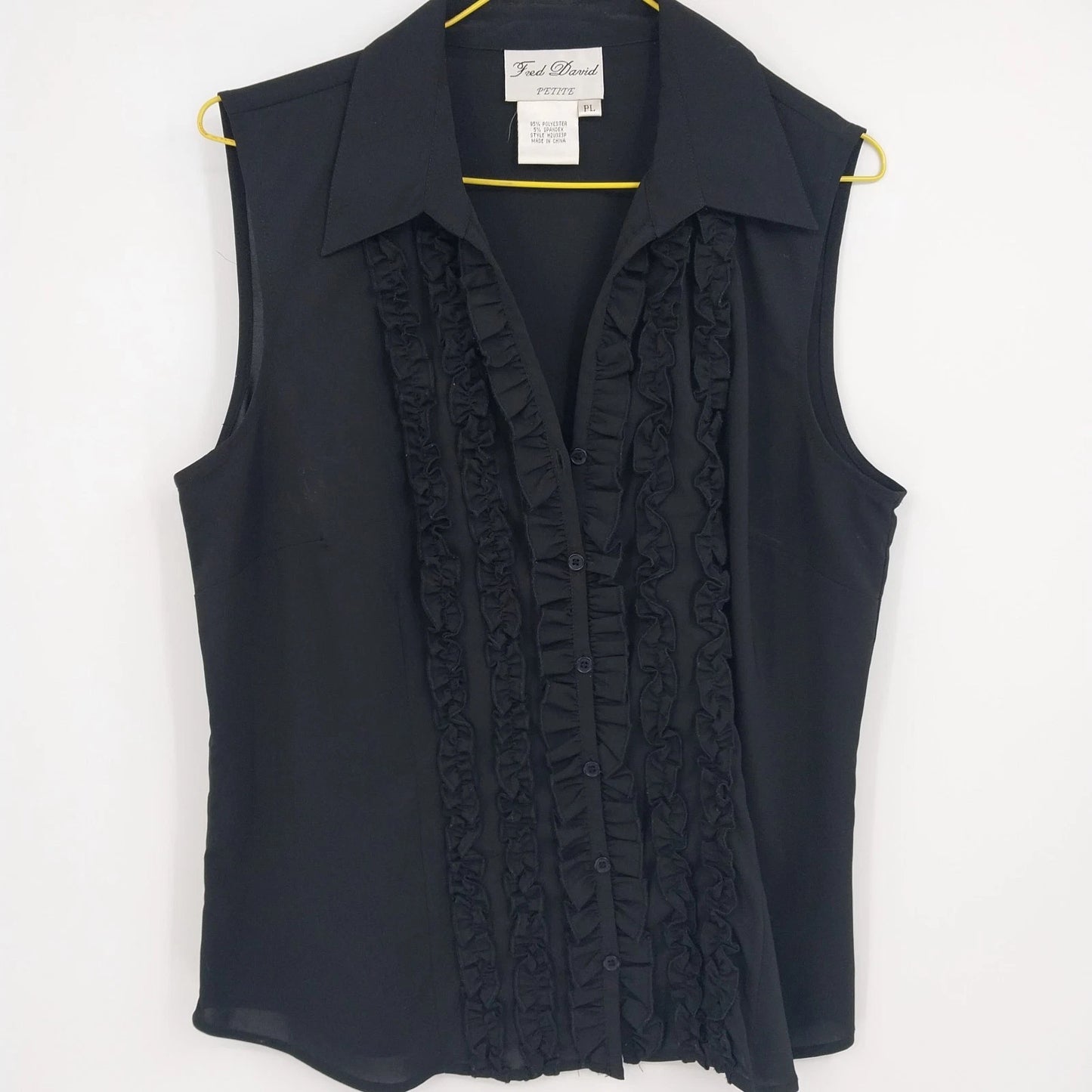 Fred David Black Ruffle Sleeveless Blouse Button Front Womens Petite Large PL