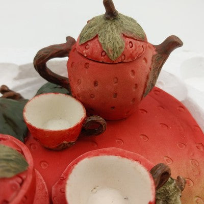 Wong's Polyresin Miniature Tea Set Strawberry Teacups & Teapot Collectible 5"