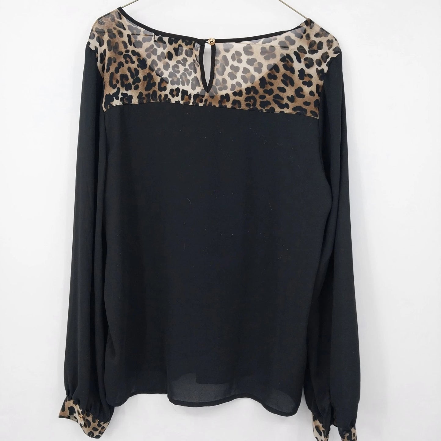 XXI Womens Black Sheer Blouse Leopard Print Long Sleeve Top