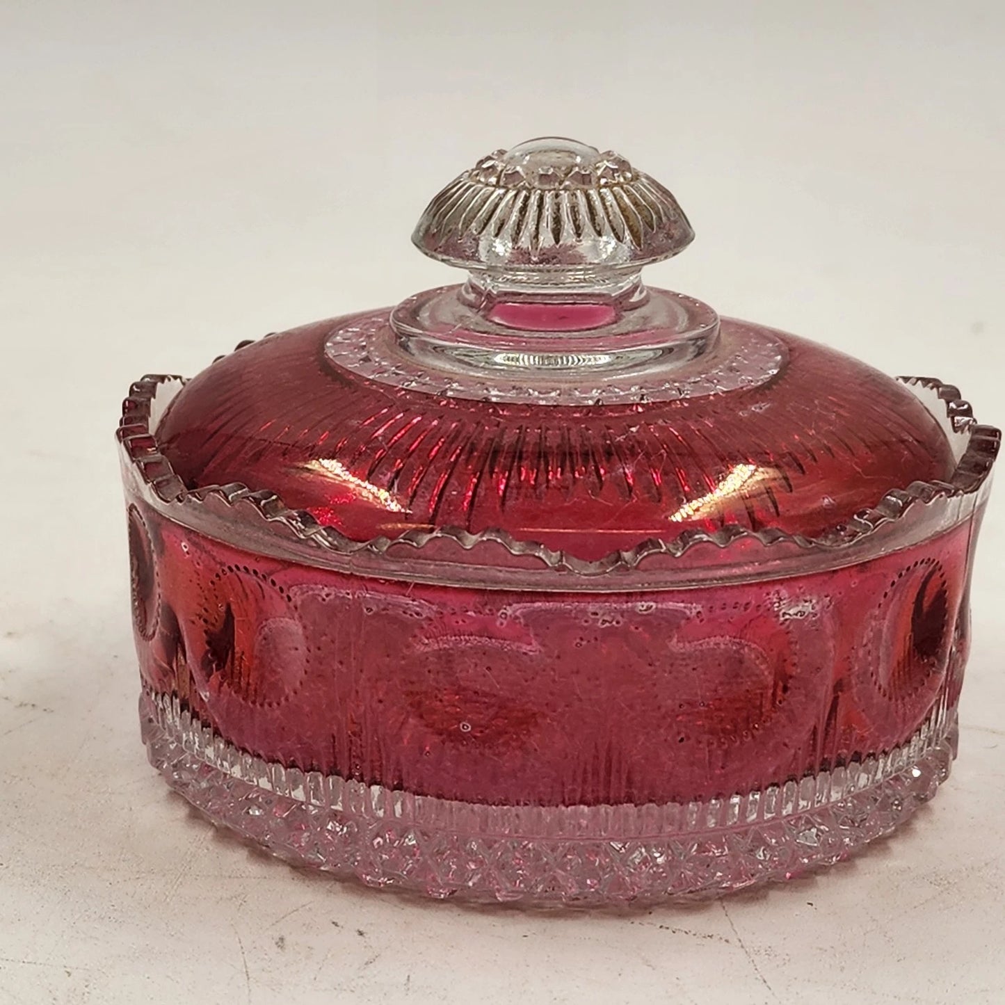 Manhattan Ruby Rose Powder Jar 1902 US Glass Cranberry Vanity Box Antique EAPG
