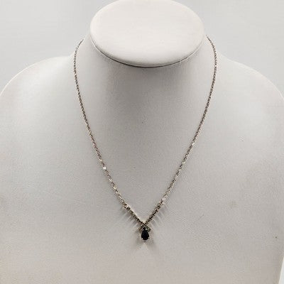 Silver Tone Chain with Rhinestones & Black Onyx Teardrop Stone 9" Long Necklace