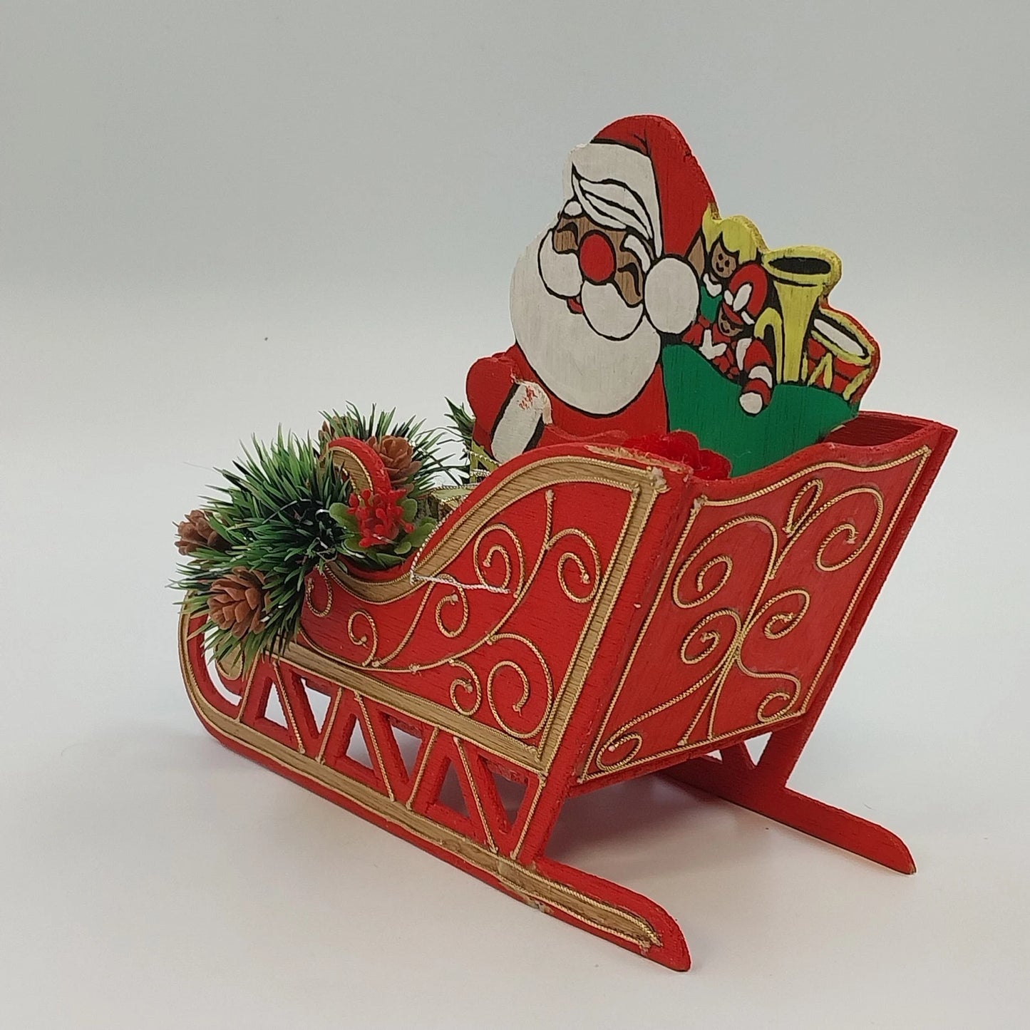 Santa Claus Wood Sleigh Card Holder Candy Bowl Pinecone Christmas 9" Centerpiece