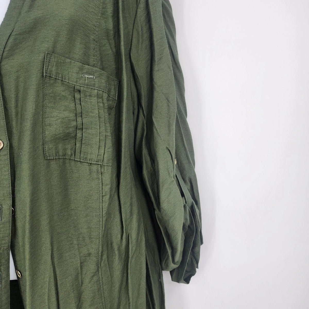 DressBarn db Women's Blouse 2X Plus Olive Green Button Up Roll Tab Long Sleeve