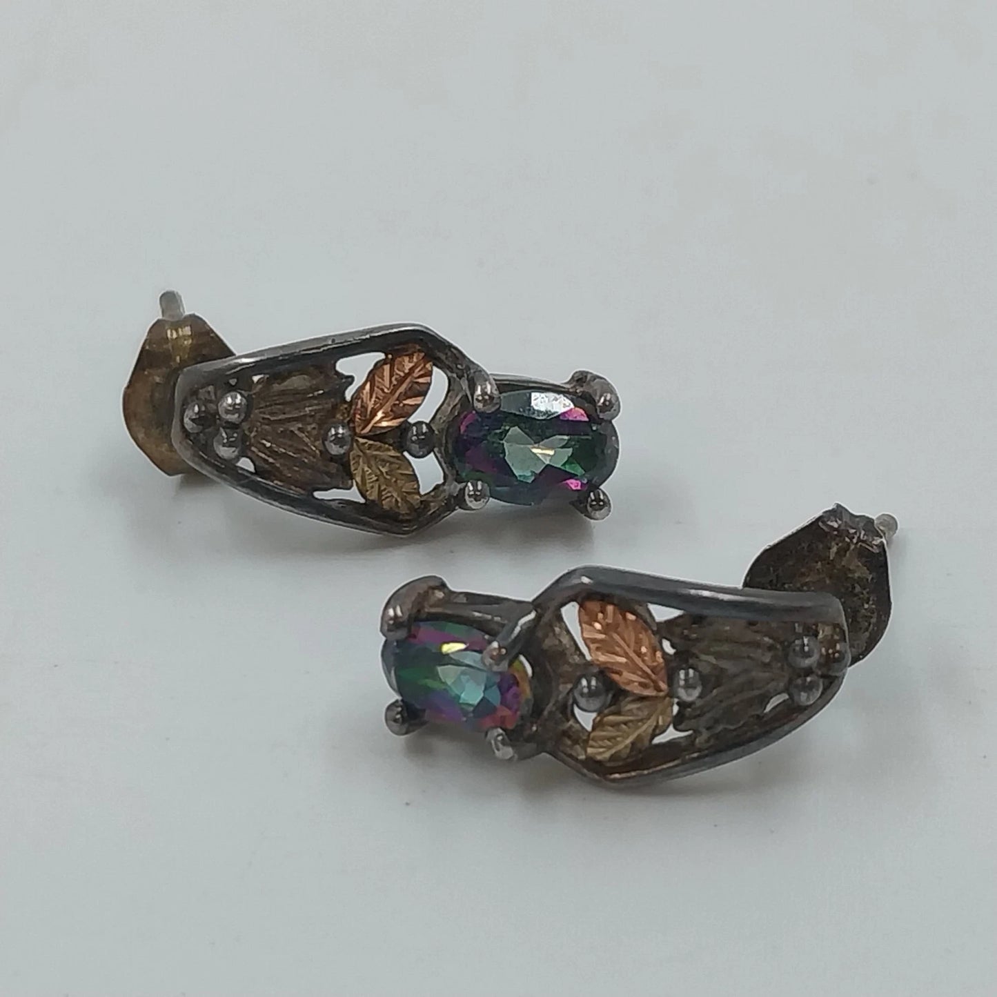 Black Hills Gold Mystic Topaz 12K Leaf Vine Sterling Silver Post Earrings