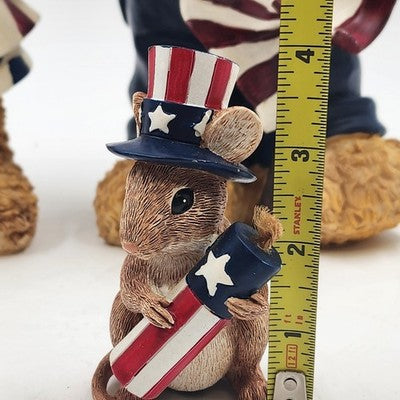 Set of 3 Patriotic Teddy Bear Figurines w Mouse 4th of July Stars & Stripes USA