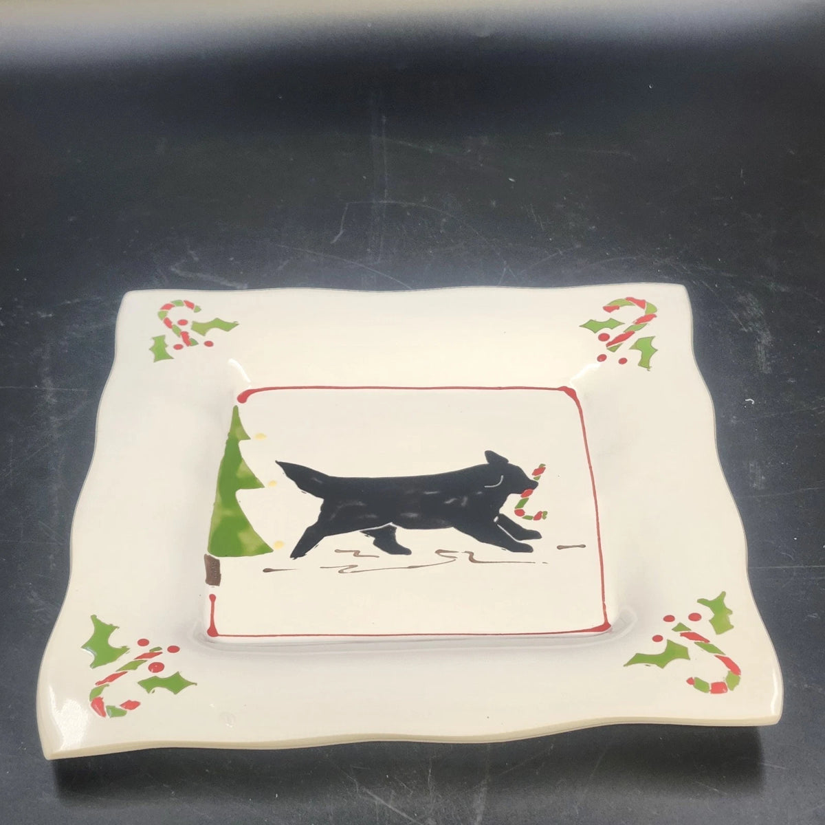 Prairie Dog Pottery Black Newfoundland Candy Cane Christmas Plate 9.25" Square