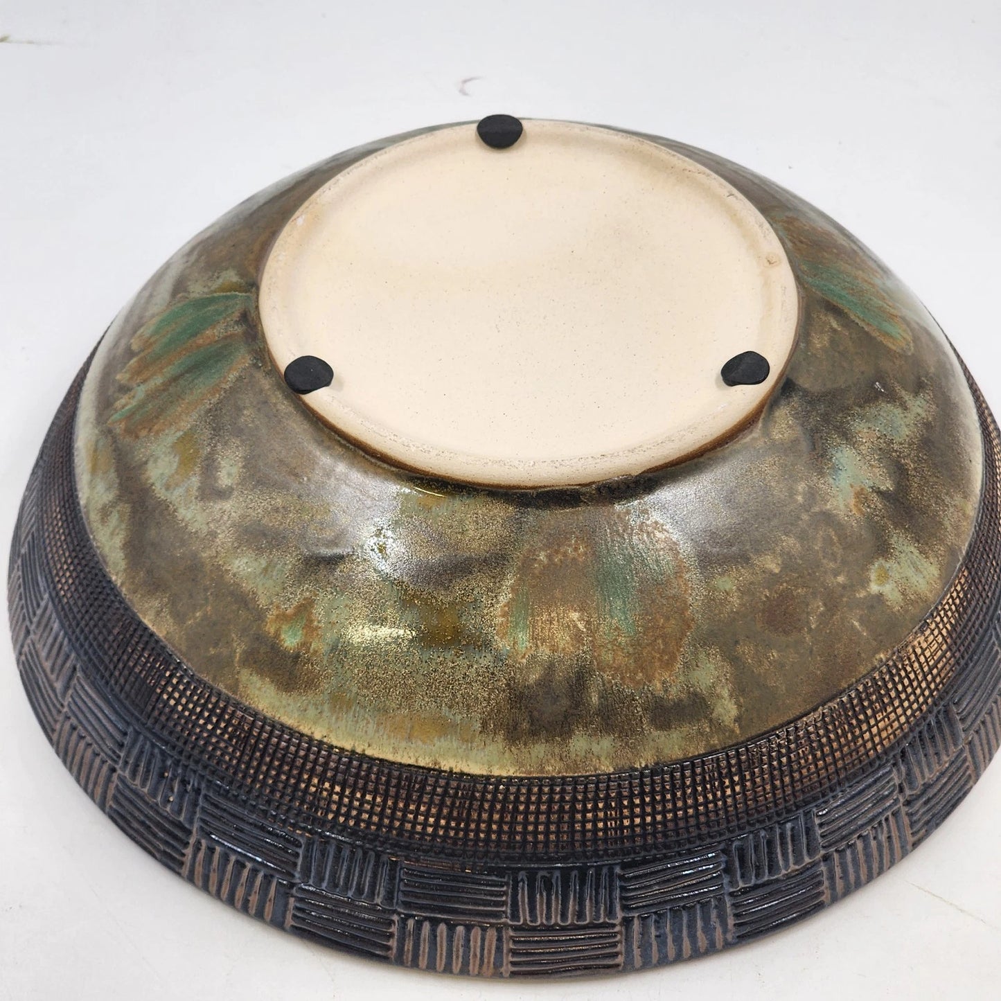 Ochre Green Glazed Pottery Bowl Basket Weave Outer Design Ceramic Lusterware 12"