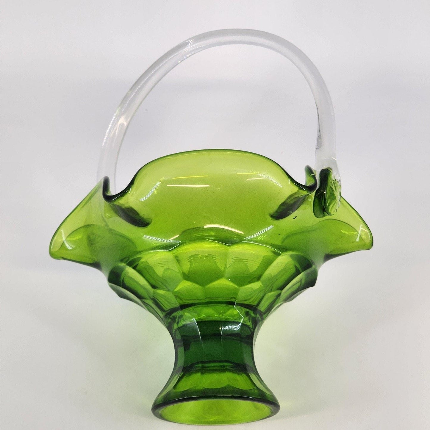 Vintage Viking Art Glass Pedestal Basket Green Ruffled Edge Applied Handle Mid Century Hand Blown Glass