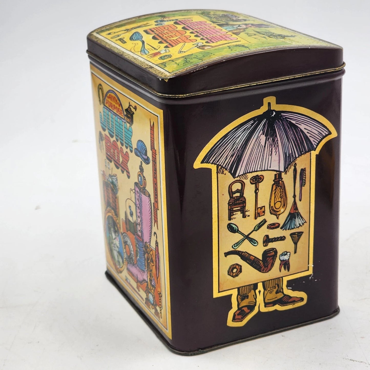 Collectible Tin Junk Box Hinged Lid Any Purpose 6.25" England by Case 1982 Vtg