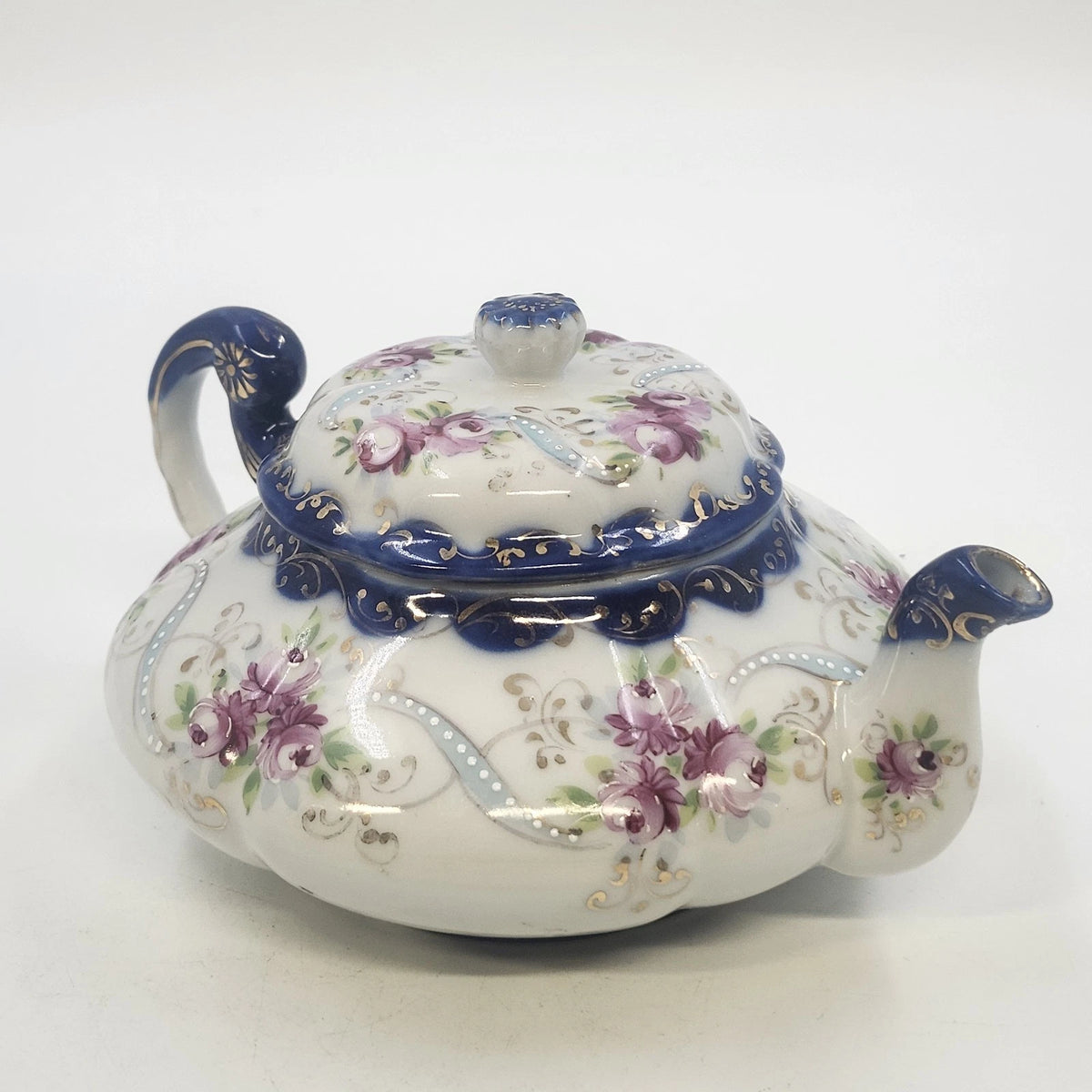 Hand Painted Porcelain Teapot 7.5"Pink Roses Cobalt Blue Gold Accents w Lid Vtg