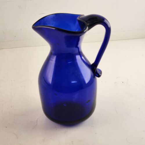 Cobalt Blue Glass Pitcher Heart Shaped Trimmed Rim Handle Vintage Unbranded