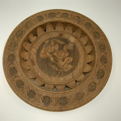Natural Wood Round Plate Hand Carved Floral Wall Hanging Decor 11.75" Repaired