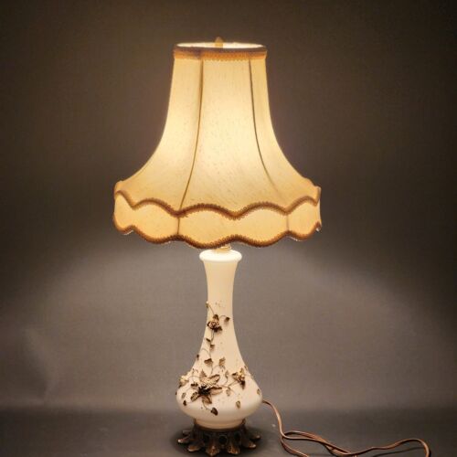 Milk Glass Brass Floral Table Lamp Cast Base 16" Silk Brocade Scallope Shade 11"