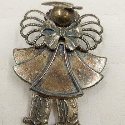 Silver Tone Cowgirl Angel Brooch Pin Western Angel w Hat & Boots 2.5" Vintage