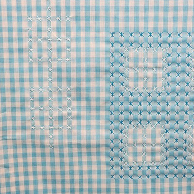 Blue & White Tablecloth Gingham Checked with Cross Stitch Embroidery Square 44"