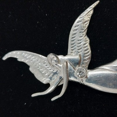 Metal Pewter Angel Brooch Pendant April Birthstone Diamond Crystal 3"Pin Vintage
