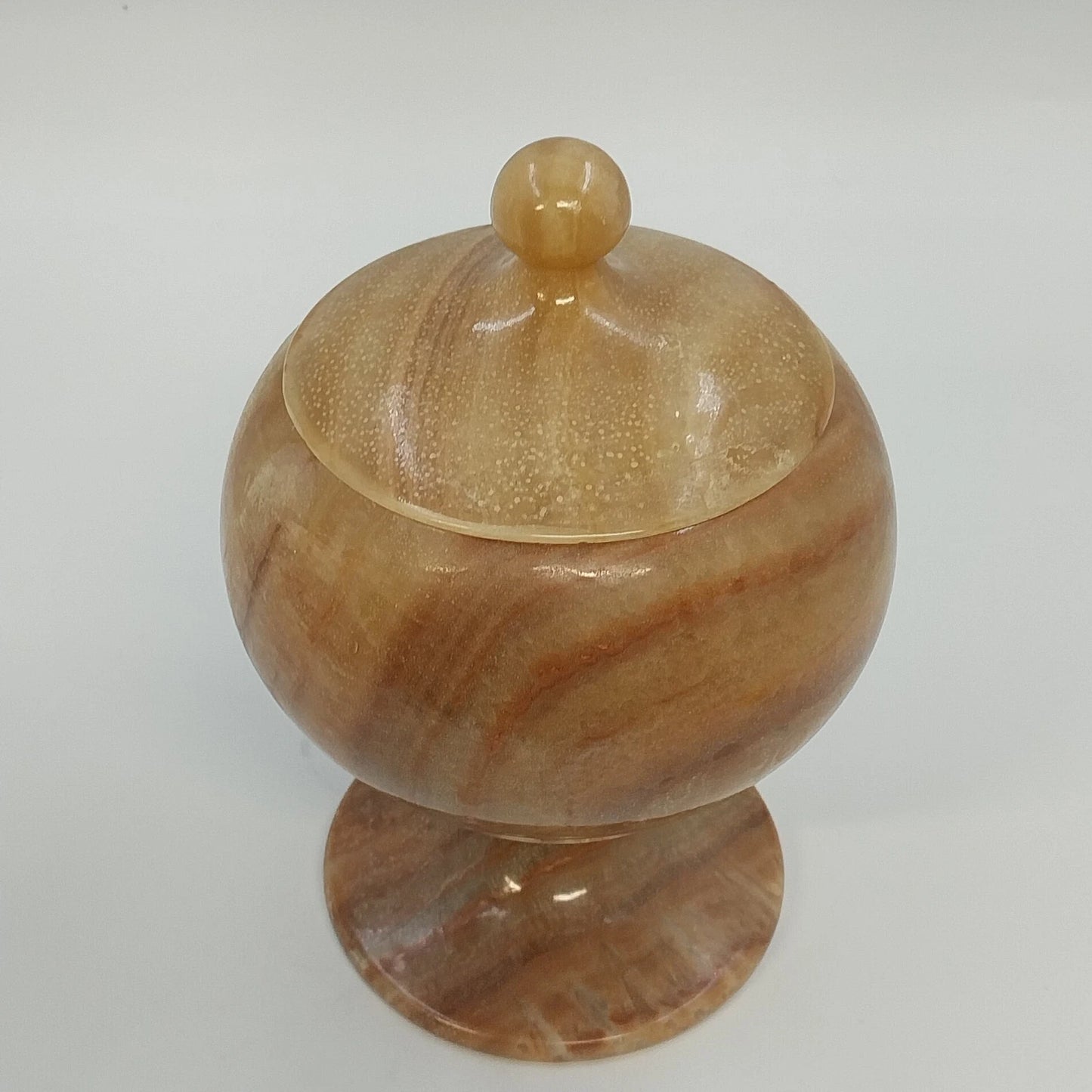 Banded Alabaster Pedestal Candy Dish Lidded Jar Cream Brown Natural Stone 9"