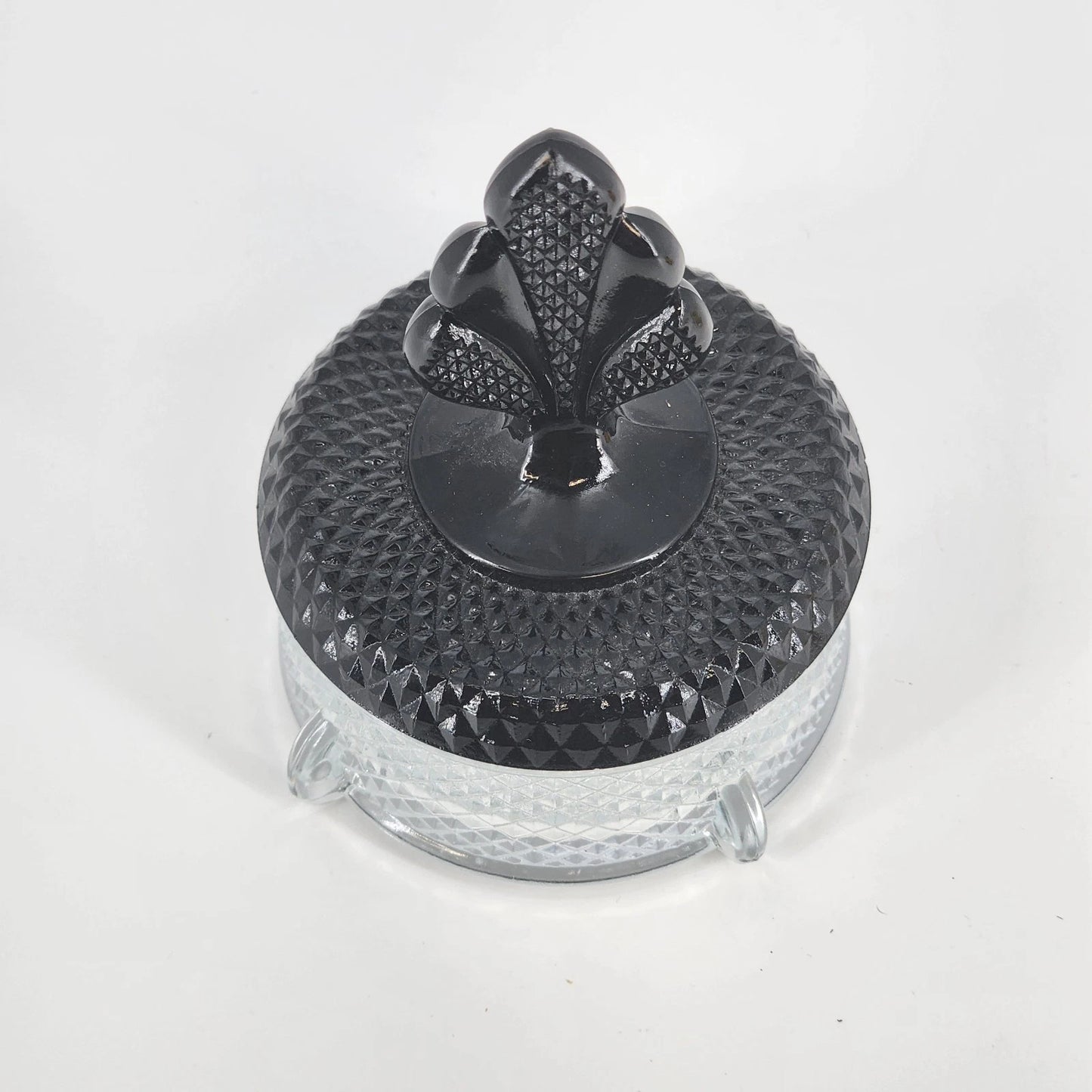 New Martinsville Geneva Glass Puff Box Black Plume Finial Diamond Art Deco 1930s