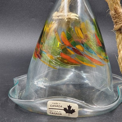 Bell Hummingbird Hand Blown Art Glass Multicolored Swirls Ruffled Edge Rope Hang