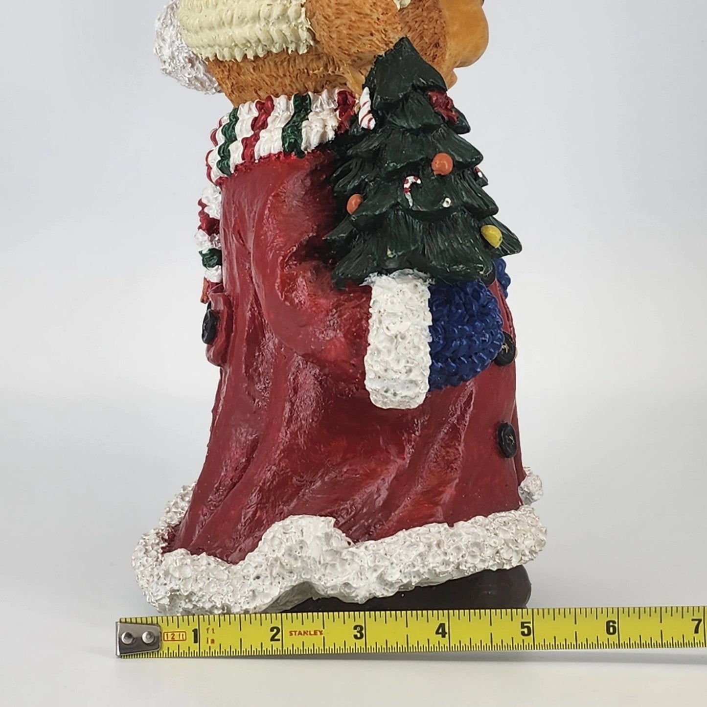 Resin Christmas Teddy Bear Figurine Red Coat Puppy & Tree 11" Holiday Ornament