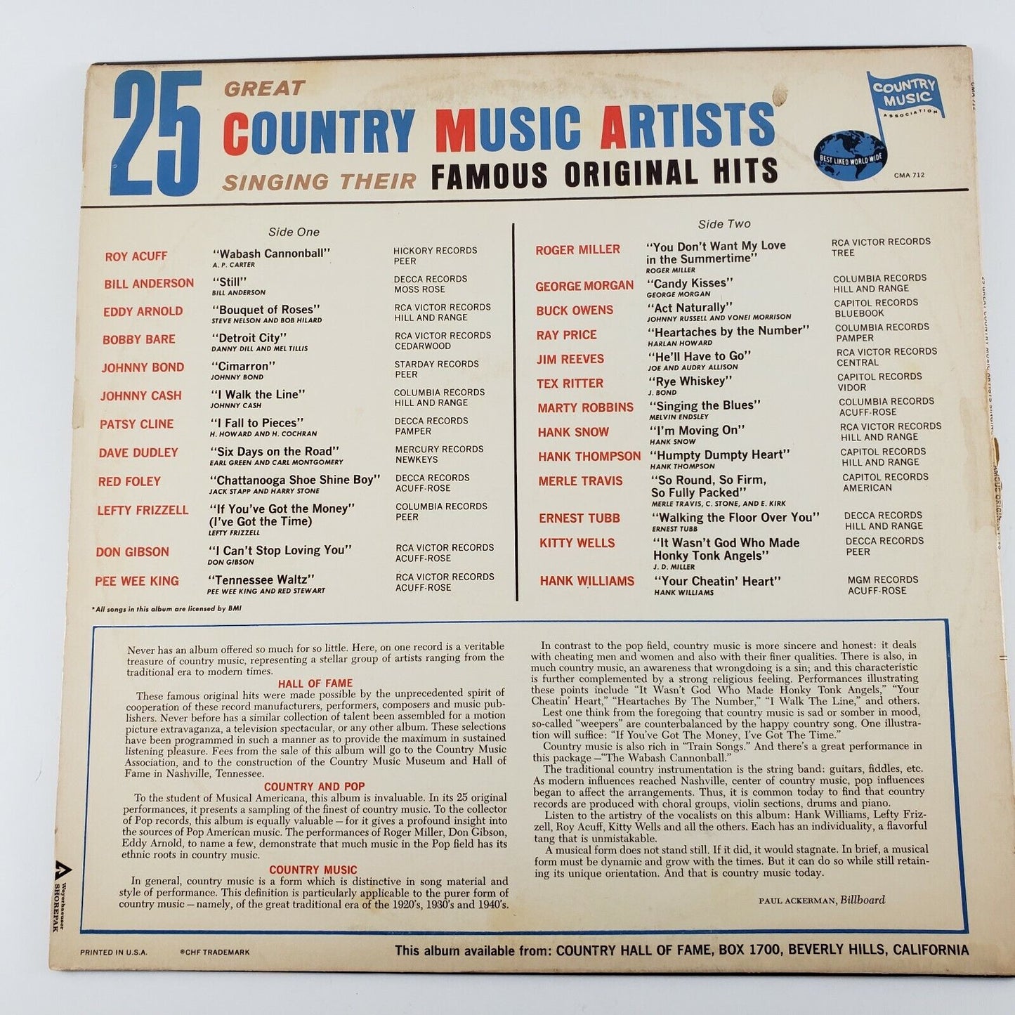 Famous Original Hits by 25 Great Country Music Artists Record Album CMA-712 1965