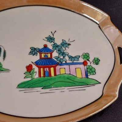 Japanese Lusterware Mini Platter Tray 6.5" Hand Painted Countryside Vintage 1960