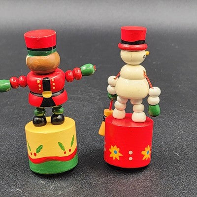 Set of 2 Vintage Wood Push Puppet Toys – Soldier & Snowman Ornaments 4"