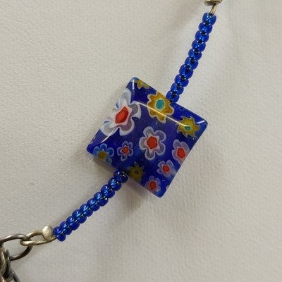 Millefiori Floral Murine Glass Bead Necklace Bronze Tone Byzantine Silver Chain