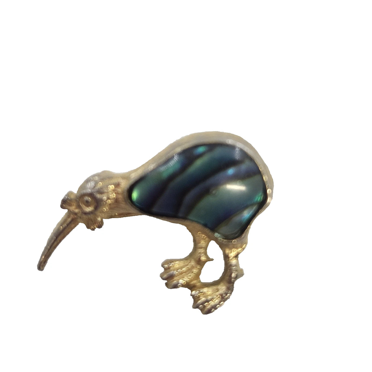 New Zealand Paua Abalone Shell Kiwi Bird Brooch Pin Gold Tone 1" Vintage Jewelry