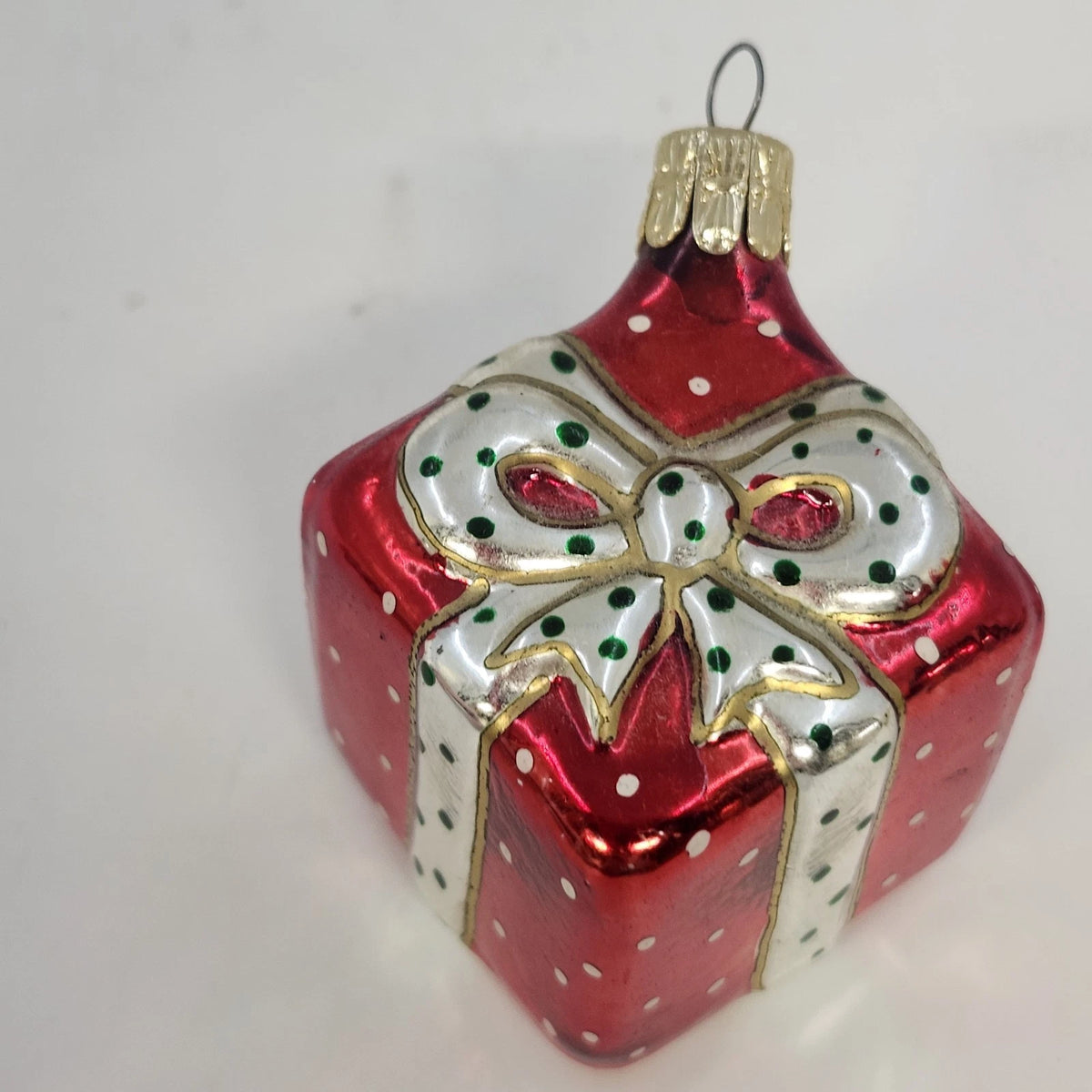 Czech Glass Christmas Present Gift Box Ornament Red Hand Painted 1.75" Vintage
